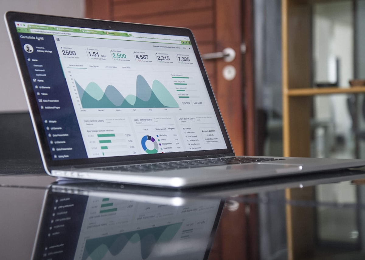 High-tech digital marketing dashboard displaying real-time revenue charts and web traffic statistics